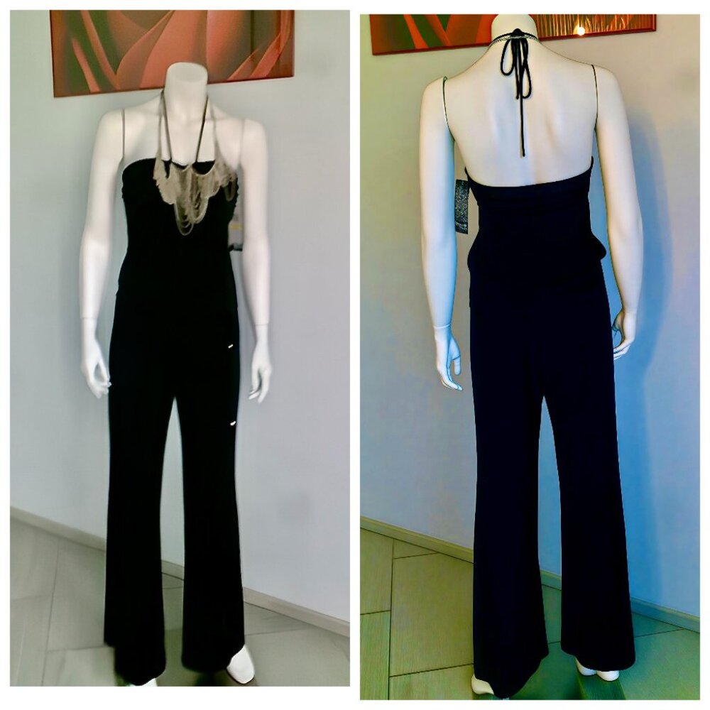 NWT Sequin Hearts Vintage Black Evening Jumpsuit with Necklace & Wide Legs